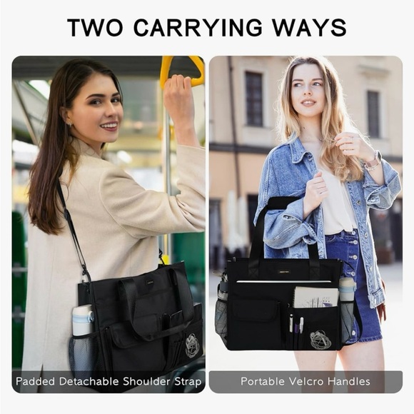 Black Tote Bag With Laptop Compartment, Large Utility Tote With 15 Pockets, Work - Picture 6 of 6